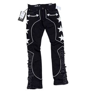 Copper Rivet Country Western Unisex Black White Stars Jeans Distressed 30x35 NWT